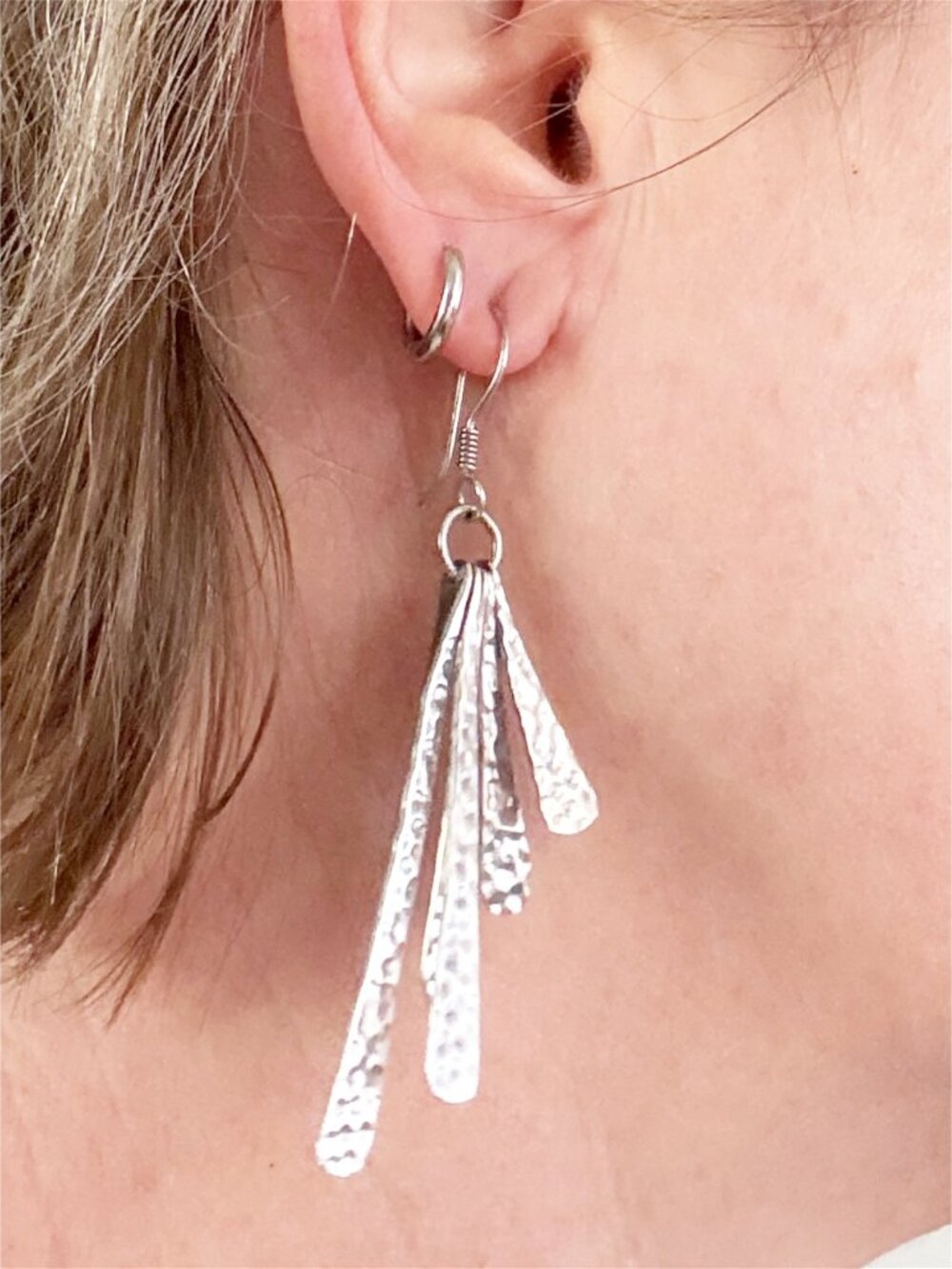 Sterling Silver 925 Mexico Hammered Dangle Drop Earrings - Picture 4 of 6